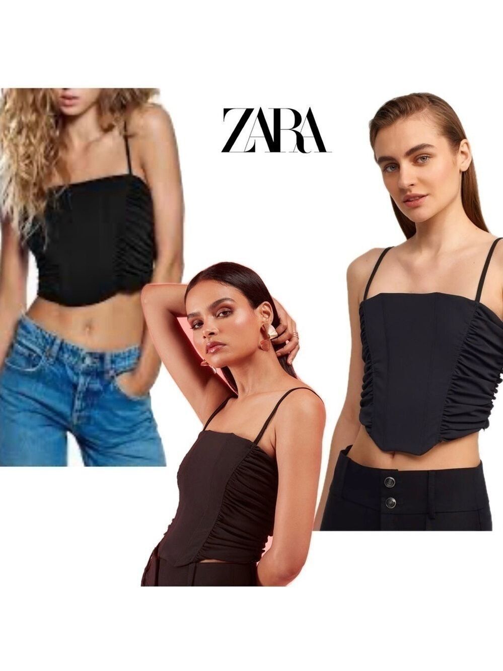 Zara black ruched corset bustier crop top spaghetti straps Sz S - Picture 2 of 13